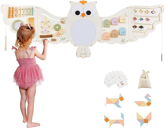 Beright Owl Activity Wall Busy Board Panels, Montessori Sensory Toys, Toddler Learning Activity Center, Perfect for Toddler Playroom & Children's Daycare, White