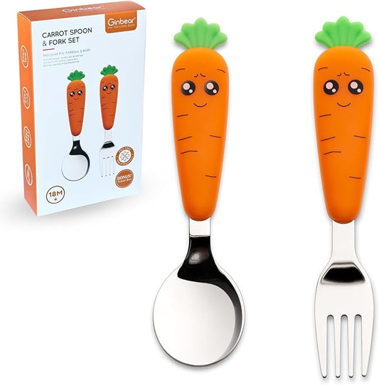 Ginbear Toddler Utensils with Case, Kids Spoons and Forks Self-feeding, Stainless Steel Baby Silverware, Child Flatware Sets, Travel Cutlery Set for Ages 18 Months+