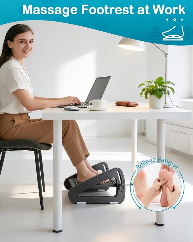 Foot Rest for Under Desk at Work - Ergonomic Under Desk Footrest for Office, Adjustable Foot Stool Desks Footrests with Roller Massager - Leg Support Rest for Office Chair & Gaming Home