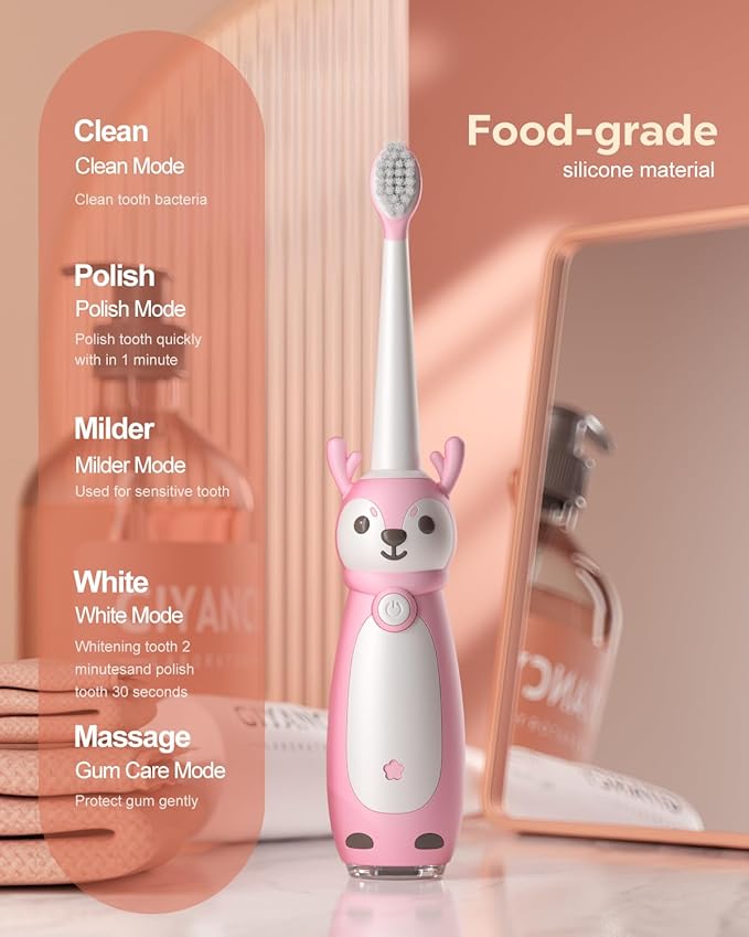 Kids Sonic Electric Toothbrush for Ages 3+, IPX7 Waterproof, 3 Smart Modes with Memory,Includes 4 Replacement Brush Heads, Pink