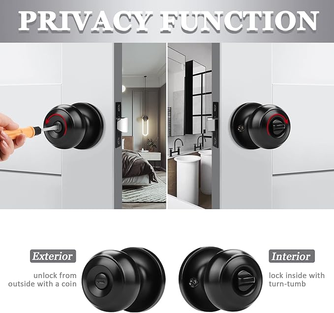 Probrico 6 Pack Round Privacy Door Knob(Thumb Turn Lock on The Inside), Keyless Doorknobs Interior/Exterior Lockset,Privacy Knobs for Bedroom/Bathroom,Black Modern Design Door Hardware