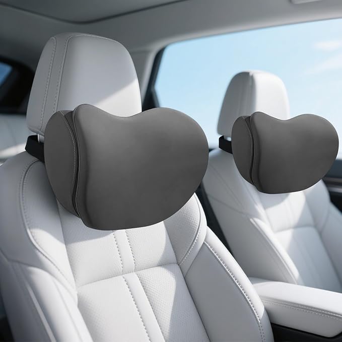2Pcs 2025 Double-Layer Car Pillow, Cloud-Like Comfort Car Neck Pillow, Dual C-Curve Support Car Headrest Pillow – Experience First-Class Driving Comfort. (Gray)