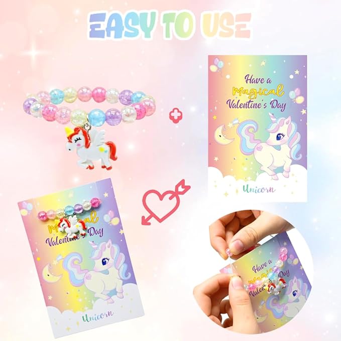 28PCS Valentines Day Gift Cards with Rainbow Unicorn Beaded Bracelets, Colorful Unicorn Beads Bracelet Toys for Valentine's Party Favors