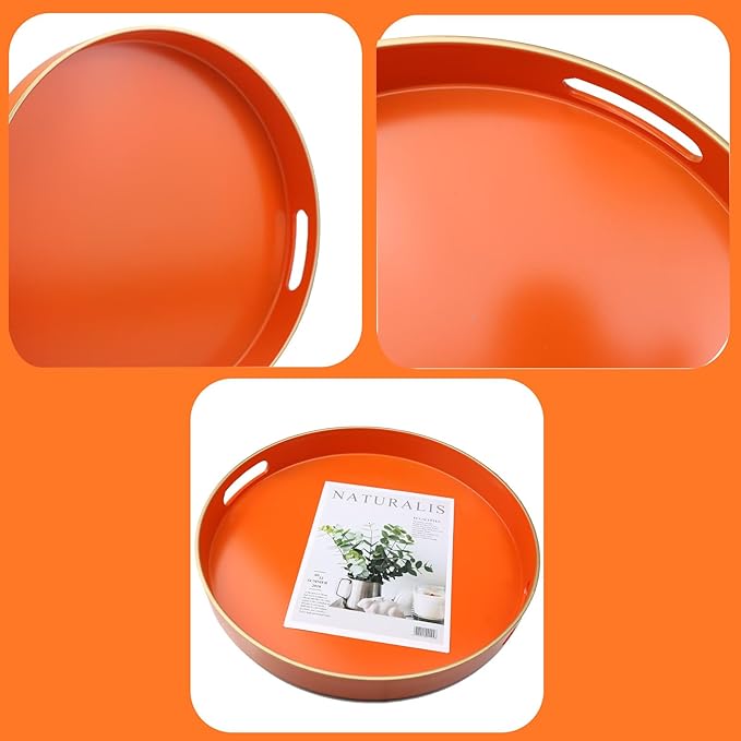 Omuriko Orange Round Decorative Tray with Handles, 13" Versatile Serving Tray for Coffee Table, Ottoman, Ideal for Serving, Displaying, Organizing