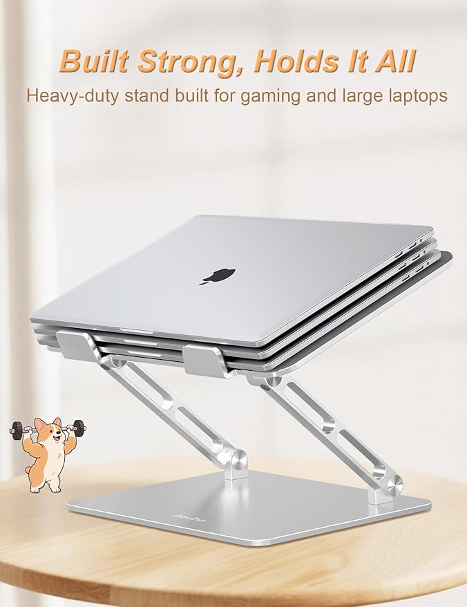 Aluminum Laptop Stand for Desk, Height-Adjustable Riser, Sturdy Ergonomic Holder with Puppy Shaped Vents for Heat Dissipation, Fits 10"-17.3" MacBook Air/Pro, Dell, HP, Lenovo, Silver