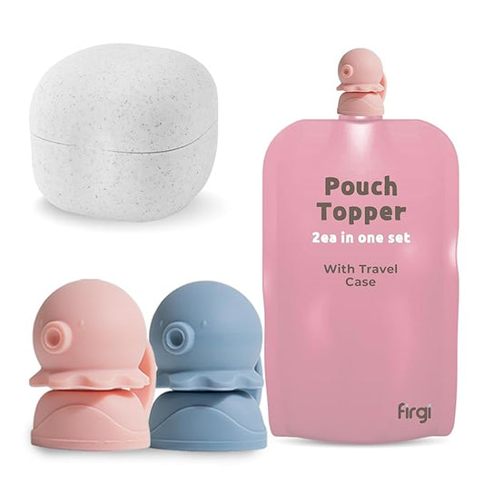 Octopus | Blue, Pink | SoftSip Food Pouch Toppper | 2EA + Travel Case | Prevent Spills & Leakage | Protect Child Baby Toddler Mouth | Food Grade Silicone Reusable | Baby Led Weaning | BPA Free