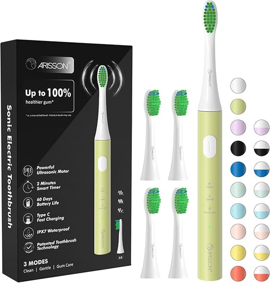 ARISSON Sonic Electric Toothbrush for Adults and Kids, 40,000 VPM Power Toothbrush, 1.5H Fast Charge Ultrasonic Electric Toothbrushes with 2 Minutes Smart Timer, White on Lime Green