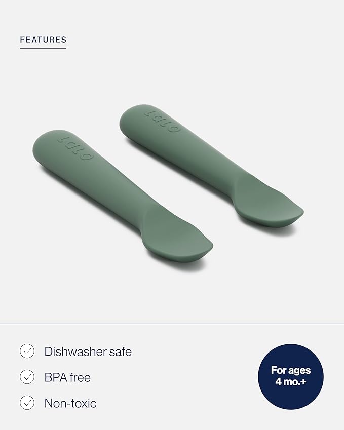 Lalo Little Spoon Set - 2 Piece Baby Spoons Set for Infants & Babies - Made From Food Grade Silicone Dishwasher Safe - Baby Feeding Essentials for Early Stage Mealtime - Olive