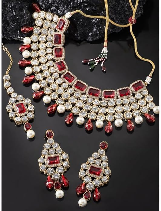 Aheli Kundan and Simulated Colored Stones Indian Ethnic Maang Tikka Necklace and Earrings Set Bollywood Festive Statement Jewelry Gift for Women