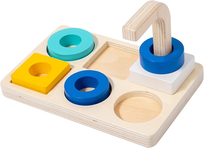 Adena Montessori Wooden Stacking and Sorting Ring,Wooden Rings on Peg,Colorful 5 Shapes on Curved Peg Horizontal Dowel Variation,Fine Motor Skills Development Toys for 1 2 3 Years Old Toddlers