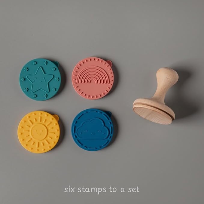 Happy Skies Rubber Stamp with Wood Handle, 4 Interchangeable Silicon Stamps of a Sun, Cloud, Star, and Rainbow, Fun Kids Craft Supplies and Art Supplies, Arts and Crafts for Kids 4-6 and Families