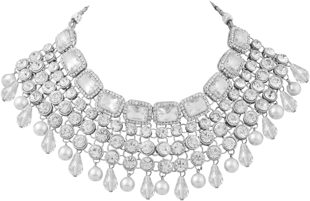 Aheli Kundan and Simulated Colored Stones Indian Ethnic Maang Tikka Necklace and Earrings Set Bollywood Festive Statement Jewelry Gift for Women