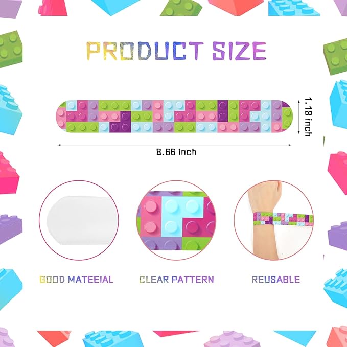 48 Pcs Building Block Slap Bracelet, Building Block Birthday Party Favors Supplies Building Block Birthdays Party Decorations for Boys Girls Toys Gifts Gifts Classroom Prize Reward