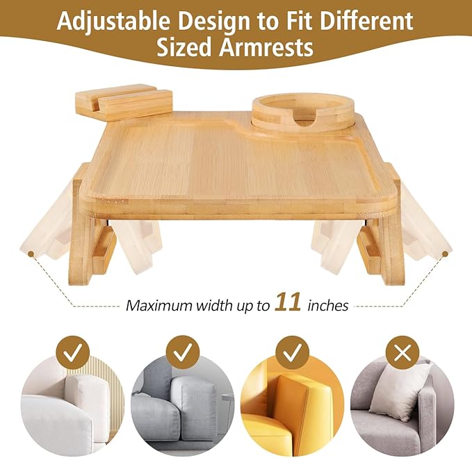 Couch Arm Tray, Couch Arm Table with 360° Rotating Phone Holder & Cup Holder, Sofa Arm Tray for Easy Access, Couch Cup Holder for Snacks, Phone, Control, Cups