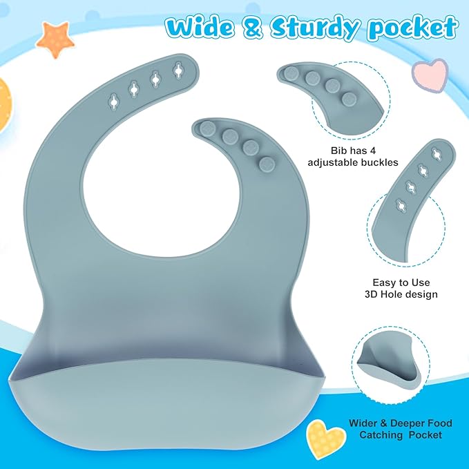 Silicone Baby Feeding Set|6 pcs Premium BPA-Free Baby Led Weaning Supplies with large Suction Baby Plates and Bowls Set,Infant Spoon,Bibs,Cup|Baby Eating Utensils for 6+ Months (Blue)