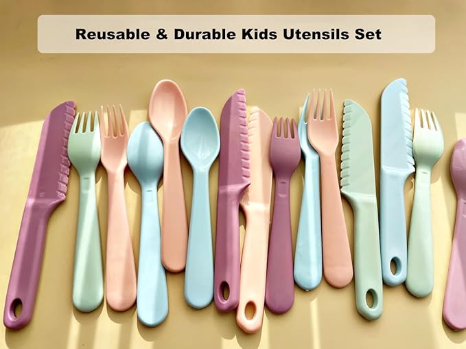 16Pcs Kids Plastic Utensils Kids Forks and Spoons Set, Multicolor Toddler Utensils, Reusable Kids Silverware Cutlery Set, Ideal for School Lunch Box, Camping, Travel, Party Favors BPA Free