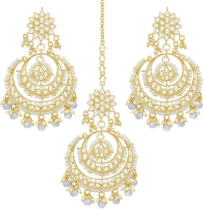 Aheli Bollywood Ethnic Chandbali Style Big Earrings Maang Tikka Set Traditional Fashion Jewelry Gift for Women