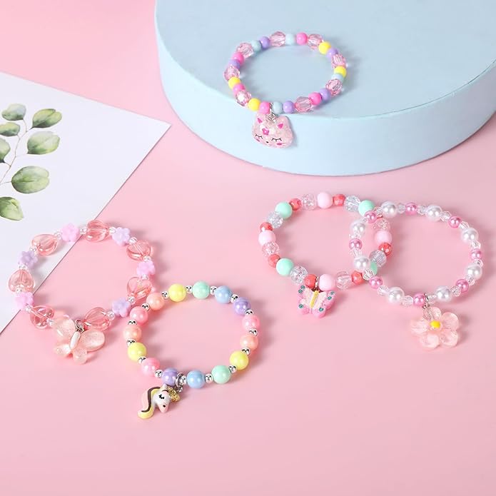 5 Pieces Colorful Girls Unicorn Bracelets Rainbow Beaded Bracelet for Birthday Party Favors Flower Friendship Bracelet Jewelry Little Girls Toddler Costume Butterfly Jewelry