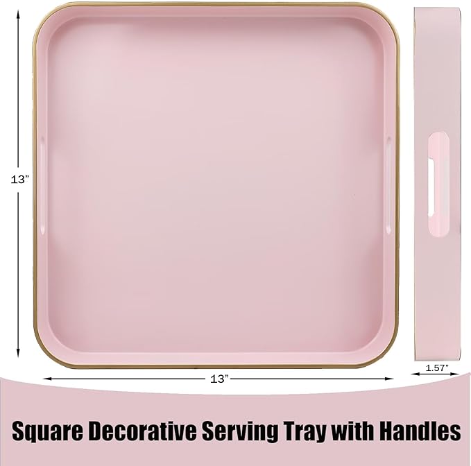 Omuriko Pink Square Decorative Tray with Handles, 13"*13" Versatile Serving Tray for Coffee Table, Ottoman, Ideal for Serving, Displaying, Organizing