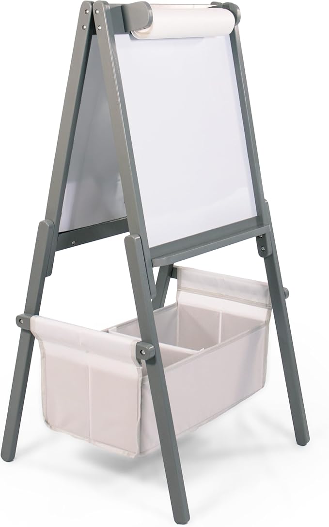Humble Crew Inspire Kids Chalkboard and Dry Erase Easel with Storage Bins, 1 Paper Roll, 2pc Chalk, and Eraser, Grey
