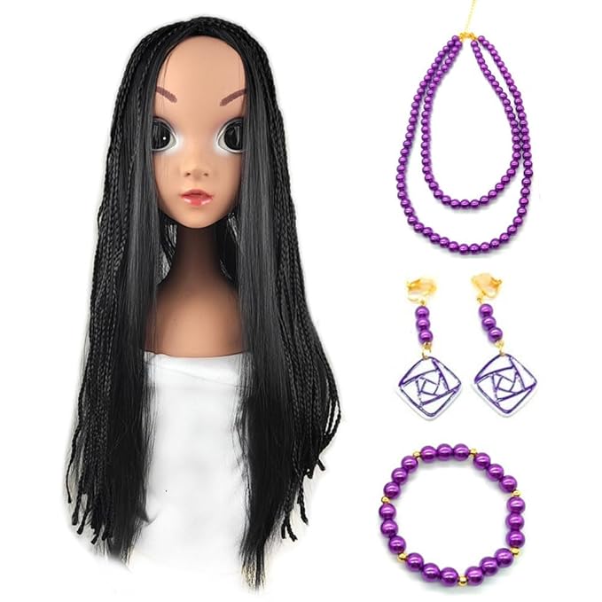 Asha Black Braided Wig For Girls Kids Movie Cosplay Costume Party Halloween Wig With Jewelry Set