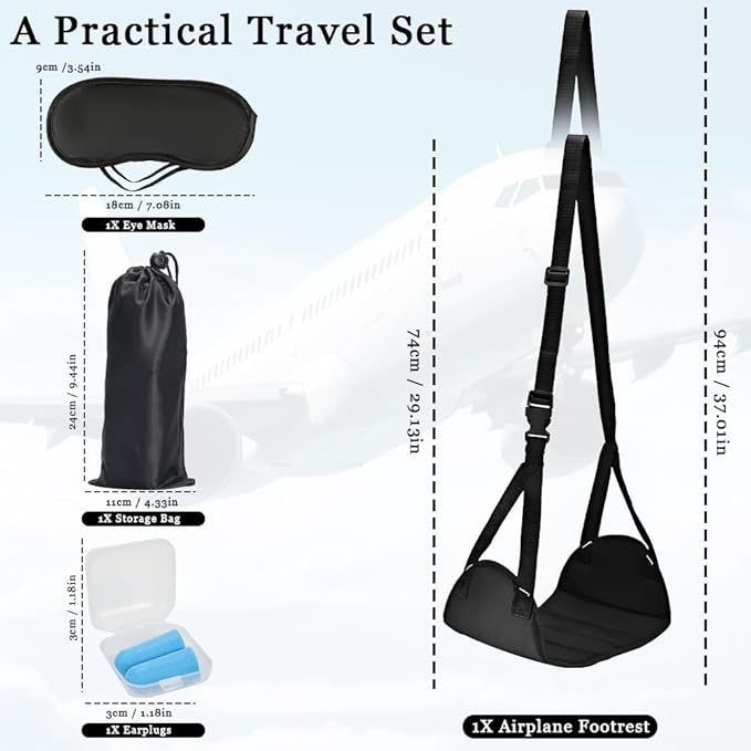 zxbaers Airplane Foot Rest, Portable Airplane Foot Hammock with Memory Foam, Adjustable Height Leg Support for Travel Office Long Flight Essentials