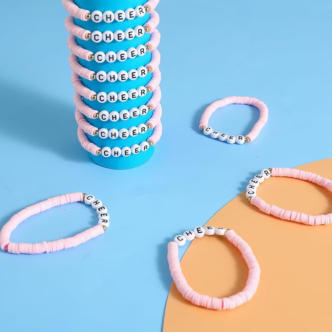 24 Pcs Cheerleader Gifts for Girls Handmade Friendship Bracelets for Teen Girls Stretch Cheer Bracelets Y2k Cheer Stuff Stackable Clay Bead Bracelets Bulk Teens Birthday Christmas Party Favors