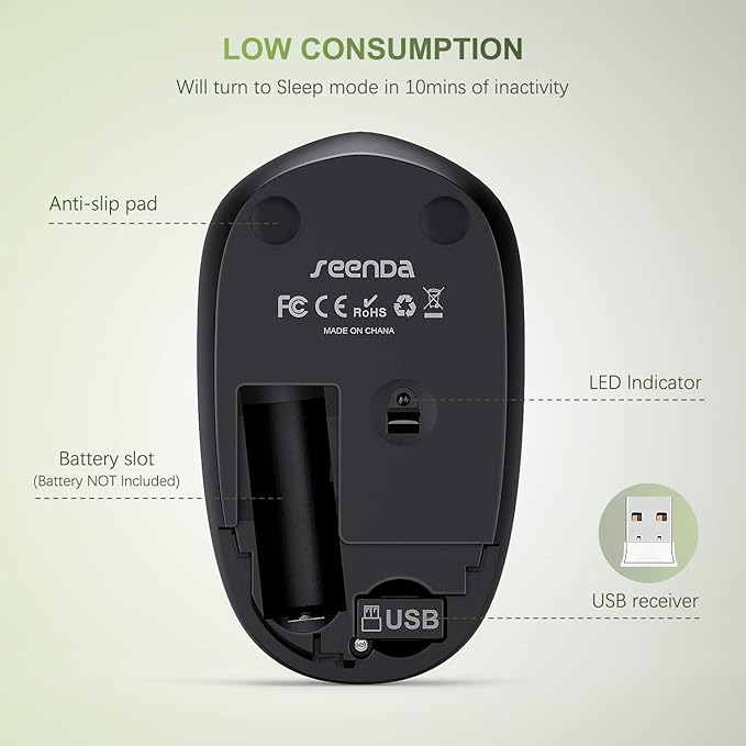 seenda Wireless Mouse, 2.4G Noiseless Mouse with USB Receiver Portable Computer Mice for PC, Tablet, Laptop, Notebook - Green & Black
