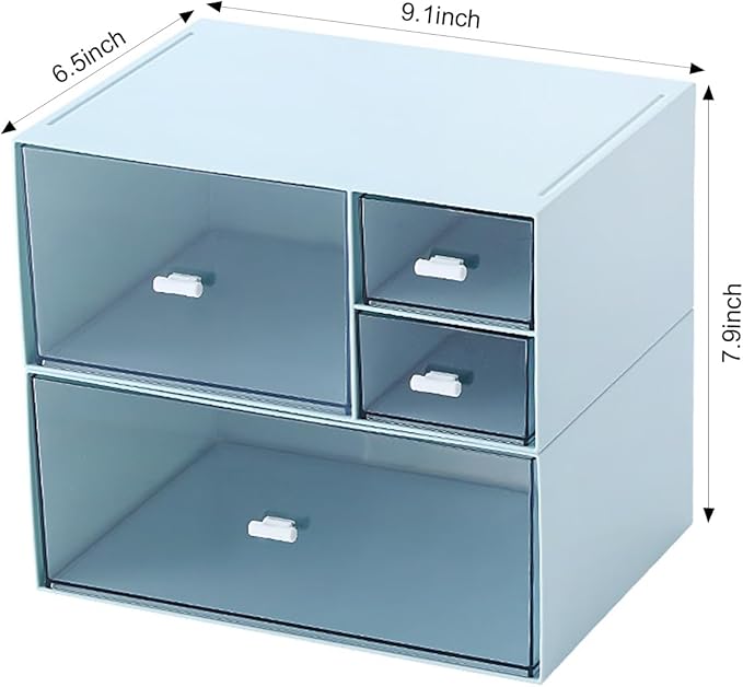Desk Organizer with 4 Drawers, Makeup Organizer, Plastic Sundries Storage, Vanity Organizer, Cosmetic Storage Organizer, Desk Storage Box, Bathroom Counter or Dresser, Blue (CD-QBH-02)