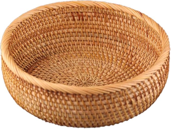 Hadewoven Round Rattan Fruit Basket Wicker Food Tray Weaving Storage Holder Dinning Room Bowl, 9 Inch Woven Bread Basket Key Bowls with 3.5”Wall for Table, Countertop (Medium 8.66")