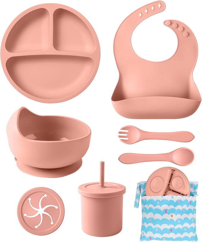 ECLIP Silicone Baby Feeding Set, 10 Pcs Baby Led Weaning Supplies with Suction Bowl Divided Plate Adjustable Bib Soft Spoon Fork Snack Cup with Lid Drinking Cup, Utensil (Brick Red)