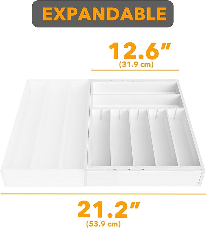 SpaceAid 2.5" High Bamboo Silverware Drawer Organizer with Labels, Kitchen Utensil Expandable Tray Holder for Flatware, Cutlery, Spoon and Knives Drawer Storage Organization (White)