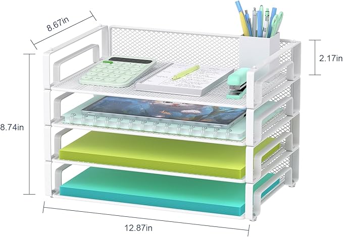 Samstar 4 Pack White Stackable Letter Paper Tray, Desk File Organizer Paper Sorter for Letter/A4 Size Folders Documents, Mesh Made,White