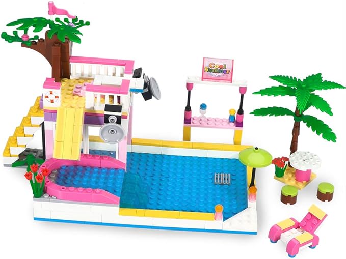 BRICK STORY Dream Girls Friends Summer Pool Party Building Sets with Diving Platform Slides Juice Bar Sun Lounger Palm Tree Summer Fun Water Park Pool Building Blocks Gift for Kids Aged 6-12 (302 PCS)