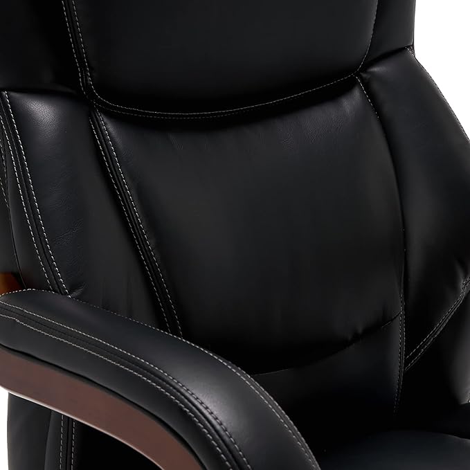 La-Z-Boy Delano Big & Tall Executive Office Chair, High Back Ergonomic Lumbar Support, Bonded Leather, Black with Mahogany Wood Finish
