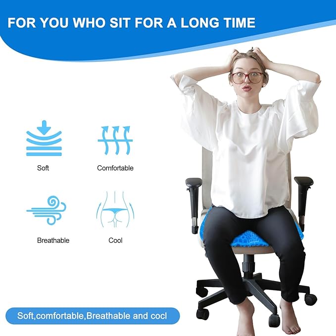 Large Gel Seat Cushion for Long Sitting with Non-Slip Cover,Soft & Breathable,Seat Cushion for Chair,Car,Office,Desk Chair,Wheelchair