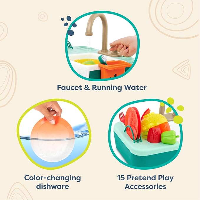 B. toys- Splash-n-Scrub Sink- Pretend Play Color Changing Playset – Toy Kitchen Sink – Faucet & Running Water, Dishes, Play Food- 3 Years + (15 Pcs)