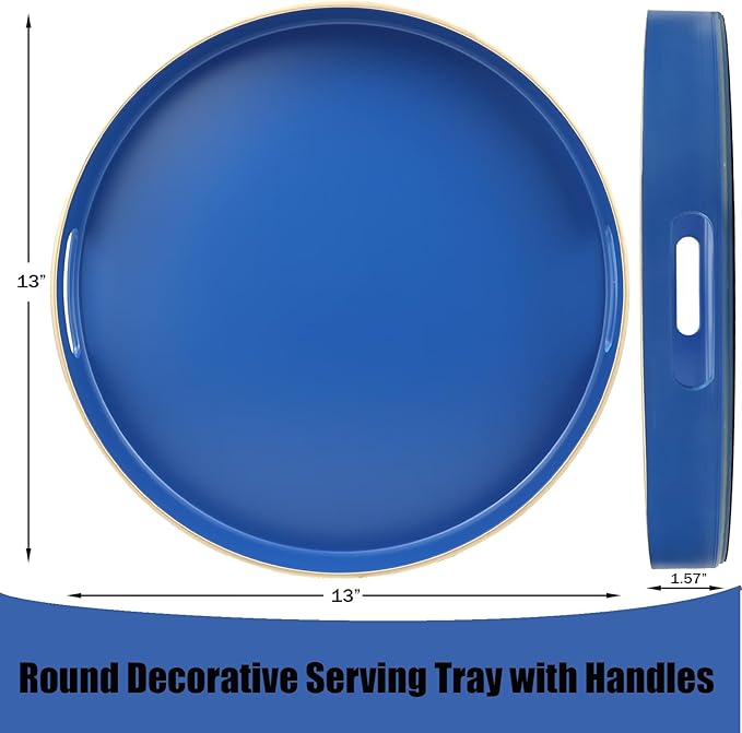 Omuriko Royal Blue Round Decorative Tray with Handles, 13" Versatile Serving Tray for Coffee Table, Ottoman, Ideal for Serving, Displaying, Organizing