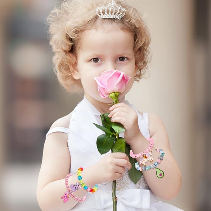 Colorful Unicorn Bracelet Girls Unicorn Bracelets Rainbow Avocado Unicorn Beaded Toddler Girls Butterfly Bracelet for Birthday Party Favors-6Pcs