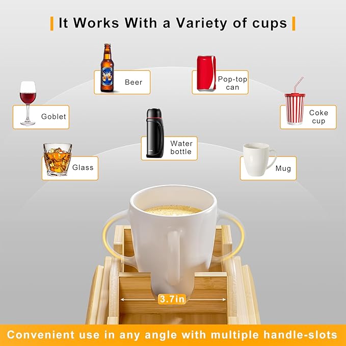 Bamboo Sofa Armrest Tray - Couch Arm Tray with Detachable Couch Cup Holder - 2 in 1 Anti-Slip Foldable Sofa Armchair Caddy Table for Drinks Cellphone TV Remote Snacks