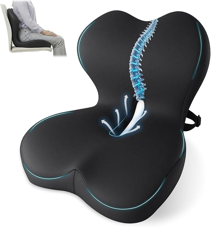 Memory Foam Seat Cushion,Office Chair Cushion with Lumbar Support for Back Pressure Relief,Sciatica,Car Seat Cushion with Adjustable Strap,Hip Pad Cushions for Car,Truck,Desk (D-Black)