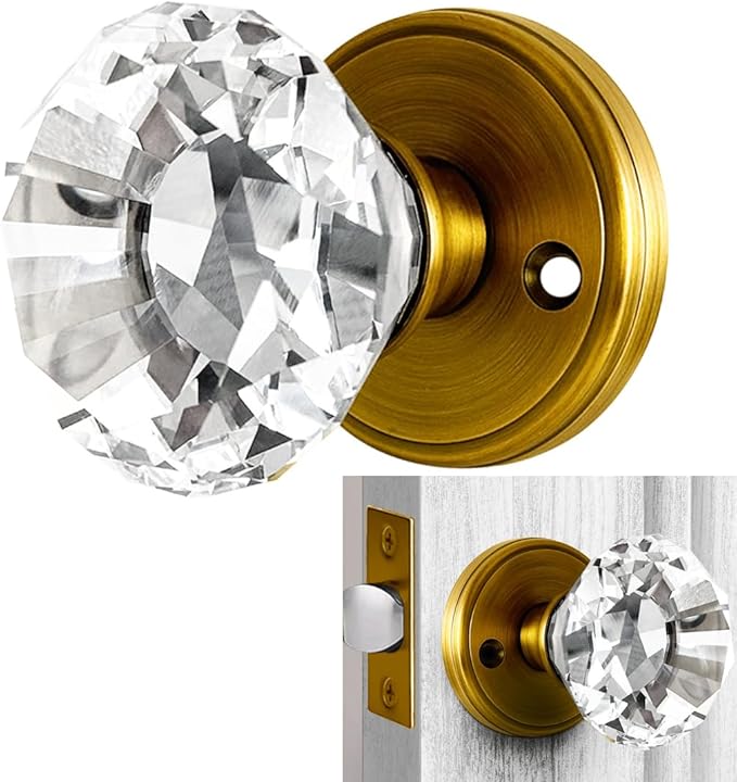 Gold Crystal Door Knob, Glass Door Knobs Interior Non-Locking Set, Brass Antique Decorative Vintage Style for Hallway, Closet, Passage Doors, 1 Pack