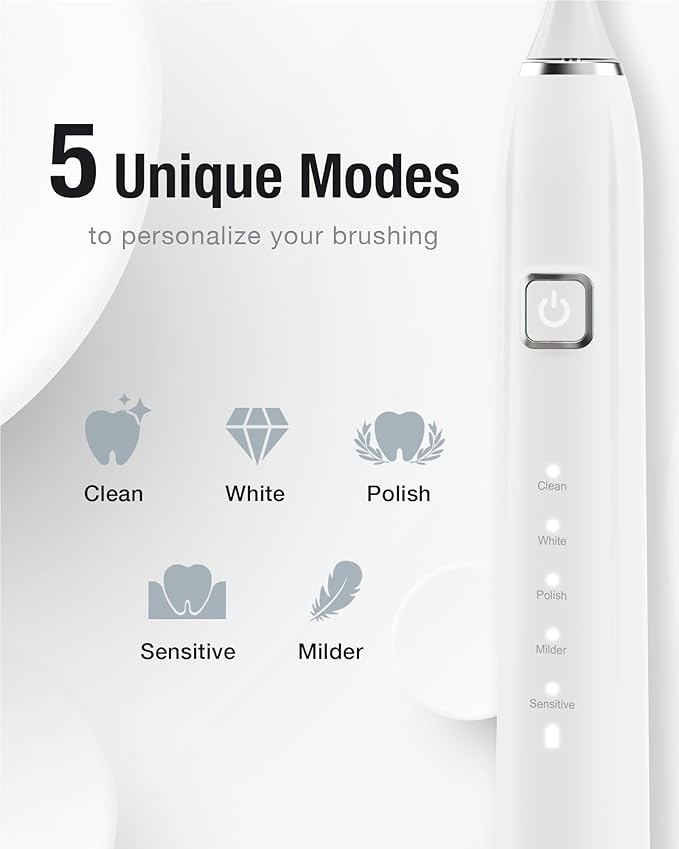 7AM2M Sonic Electric Toothbrush with 6 Brush Heads for Kids and Children, One Charge for 90 Days, Wireless Fast Charge, 5 Modes with 2 Minutes Build in Smart Timer, Electric Toothbrushes(White)