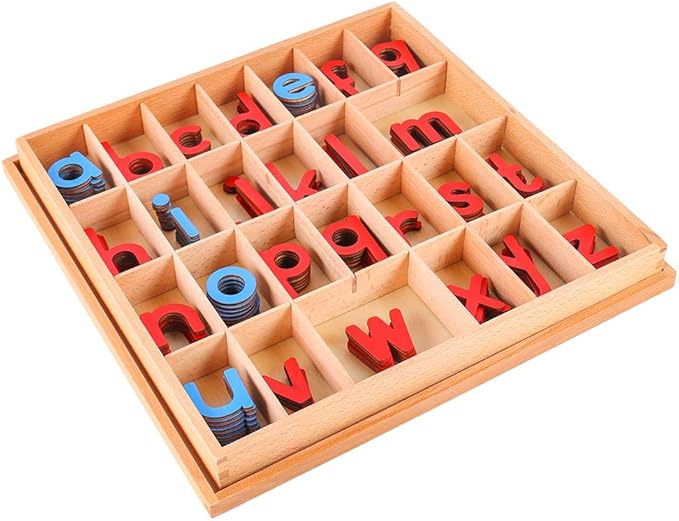 Kghios Montessori Wood Small Movable Alphabet with Box and Large Mat Preschool Spelling Learning Language Materials Toys (Red & Blue)
