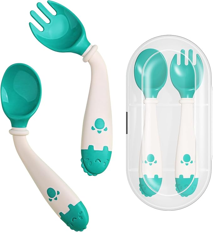 Deejoy Toddler Utensils, Self-feeding Flatware Set withTravel Case, Baby Spoons and Forks with Silicone Bendable Handle, Easy Grip Heat-Resistant, Ideal for Kids, Stage 2 (Green)