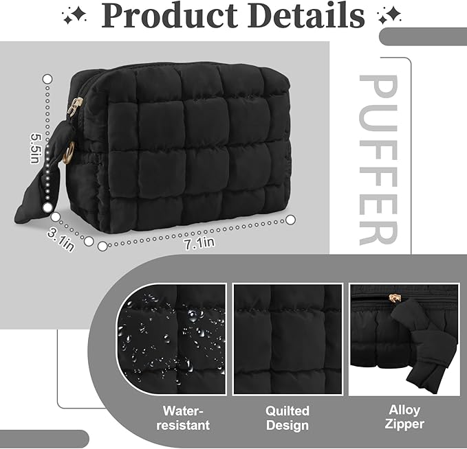 Puffer Quilted Makeup Bag Cosmetic Bags,Puffy Travel Toiletry Pouch for Women,Cute Checkered Zipper Bag Travel Essential,Portable Aesthetic Make up Organizer Bag for Gifts Work Daily(Black,S)