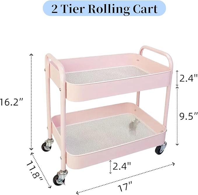 LIWNYRK 2 Tier Pink Rolling Cart with Wheels for Under Desk Storage, Large Capacity Rolling Pantry & Kitchen Storage Cart for Small Space, Sturdy Metal Bathroom Shelf Laundry Room Organization