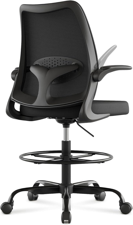 Tall Office Chair for Standing Desks,High Desk Drafting Chair with Adjustable Footrest Ring,Ergonomic Lumbar Support,Flip-Up Armrests for Home Office,Black