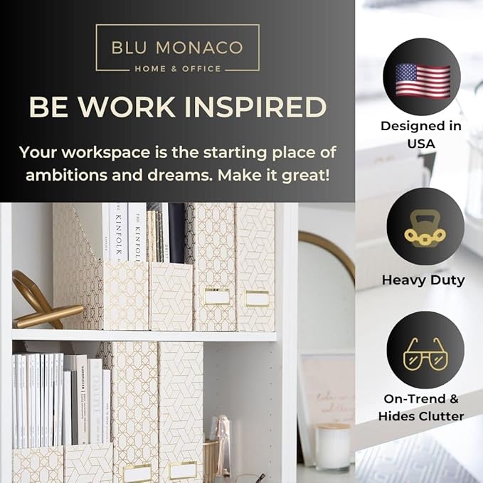 BLU MONACO | Cardboard Magazine File Holder Set of 4 | Vertical Magazine File Holder for Desk and Shelves | Cream Gold Foldable Magazine Holders with Label Slots