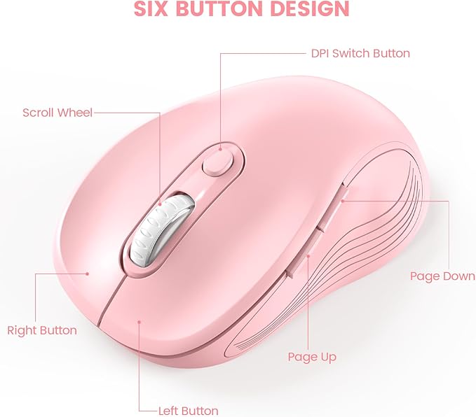 WisFox 2.4G Wireless Mouse for Laptop, Ergonomic Computer Mouse with USB Receiver and Type-C Adapter, 3 Adjustable Levels DPI, 6 Button Cordless Wireless Mice (Blush Pink)